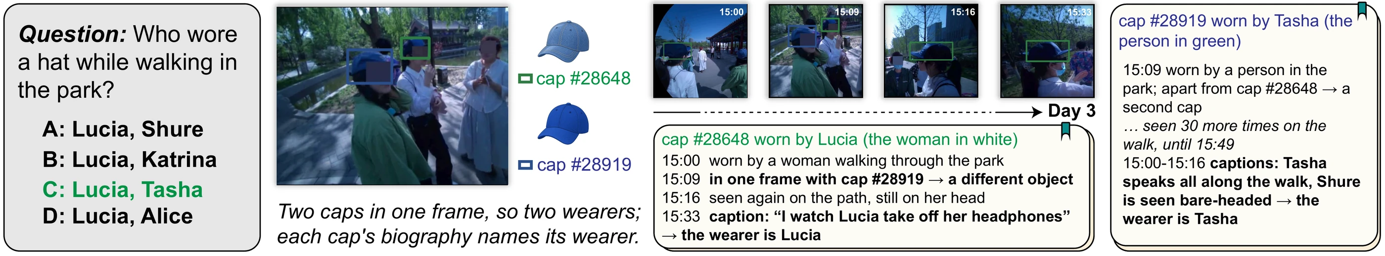 Question: who wore a hat while walking in the park. Two blue caps appear in one frame on Day 3. Cap 28648's biography names Lucia; cap 28919's biography names Tasha. Answer C: Lucia, Tasha.
